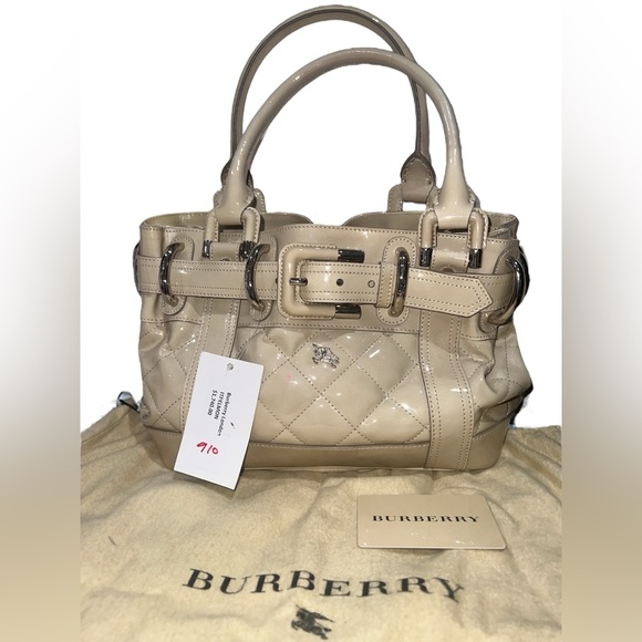 NWOT Burberry Beige Patent Quilted Leather Satchel Handbag - Picture 8 of 10